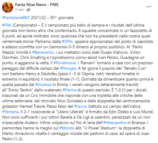 fanta9news's tweet photo. I risultati della 30^ giornata del #fantacalcio di #Fantanine: #FNL (Campionato), #FNA, #FNGp, #FNBR... e la finalissima di #FNC 🏆!
Sono successe giusto due cosette eh...
#FantaSerieBKT https://t.co/nkdpmWi0gf