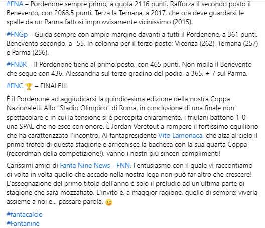 fanta9news's tweet photo. I risultati della 30^ giornata del #fantacalcio di #Fantanine: #FNL (Campionato), #FNA, #FNGp, #FNBR... e la finalissima di #FNC 🏆!
Sono successe giusto due cosette eh...
#FantaSerieBKT https://t.co/nkdpmWi0gf