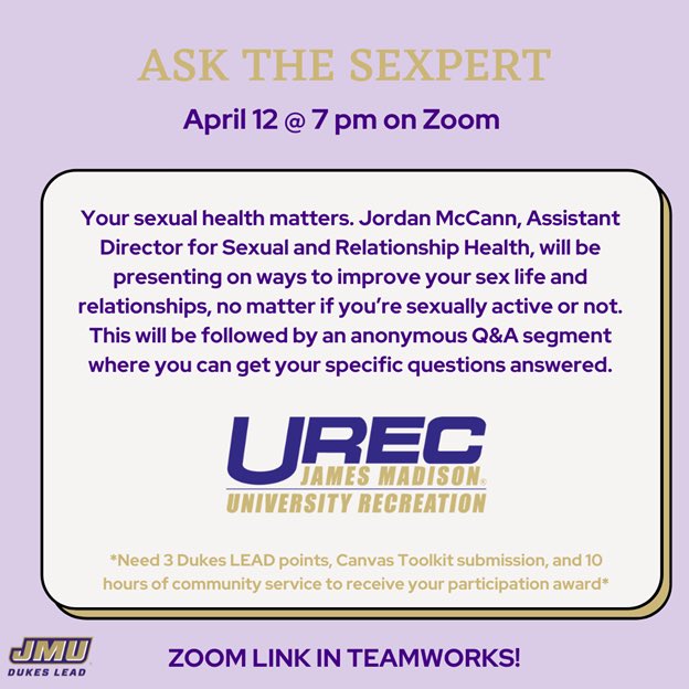 🟡Dukes LEAD Tonight🟡

Ask The Sexpert
- April 12th 
- 7:00pm
- Via Zoom

#godukes