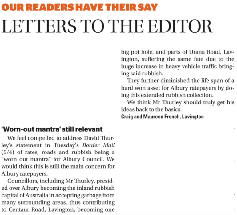 WhistlingC's tweet image. Albury Council needs to get back to the basics &amp;amp; stop involving itself in non-core activities &amp;amp; wasting tax payers money, you are starting to 'look' like Wodonga Council. I have to agree with Craig &amp;amp; Maureen French, Lavington, advising Councillor Thurley.  #bordermail