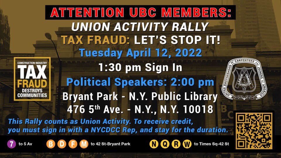rcolon_nycdc's tweet photo. #UnionCarpenters Help #StopTaxFraud by Joining your #UBC Brothers & Sisters Nationwide and @CarpentersNyc for our #TaxFraudDaysOfAction Event in #NYC! #TFDOA2022 https://t.co/RTQgh5dDOY