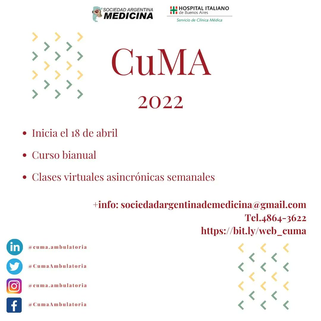 CumaAmbulatoria's tweet photo. 🔉ATENCIÓN Médicos clínicos, de familias, generalistas, de atención domiciliaria y de atención de guardia

Los invitamos a inscribirse al CuMA, donde podrán adquirir información integral y actualizada sobre temas relevantes de la medicina ambulatoria.

👇 https://t.co/4cfiEIMtug