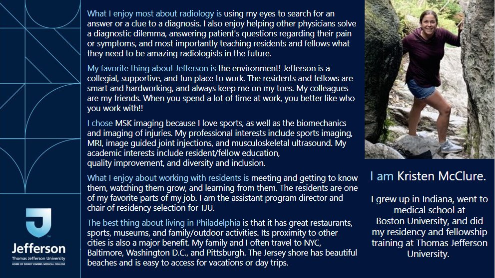 JeffersonRads's tweet photo. Our next faculty spotlight features Dr. Kristen McClure, JeffRad alumni, current MSK attending, and our residency's assistant program director!
#LifeAtJeff #JeffRadAlumni #radiology #WIR #RadXX #MSKRadiology @RadiologyChicks @FutureRadRes https://t.co/M5dFSJRD2u