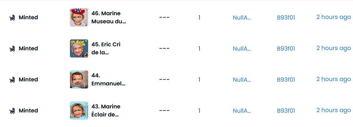 🥷 Nous nous sommes fait hackés !

Pour une fois ce n'est pas une blague. Une 50aine de NFT ont été mintés et transférés vers différentes adresses cet après-midi, avant qu'on puisse intervenir.

Pour voir le côté positif... ça veut dire qu'elle a une valeur😀
#hack #NFT