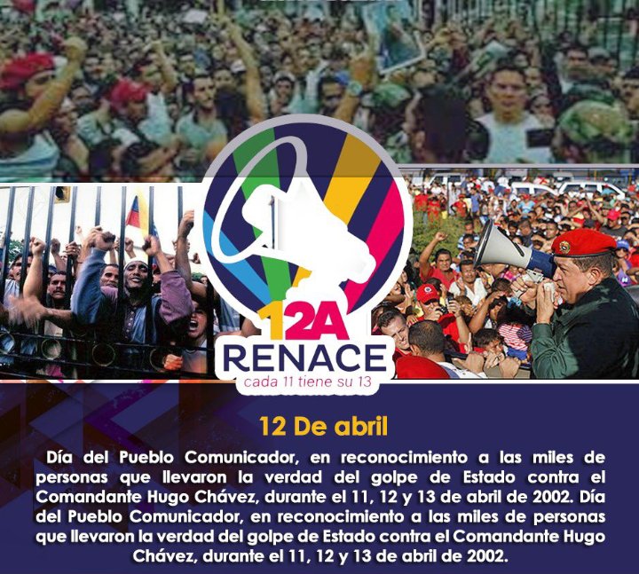 📅 Hoy #12Abr se celebra en Venezuela el Día del Comunicador Popular, establecido por la <a href="/Asamblea_Ven/">Asamblea Nacional 🇻🇪</a> en 2015 para honrar el coraje y la lealtad del pueblo, que salió a las calles a informar la verdad sobre el golpe de Estado contra el comandante Chávez en 2002.

#12ARenace