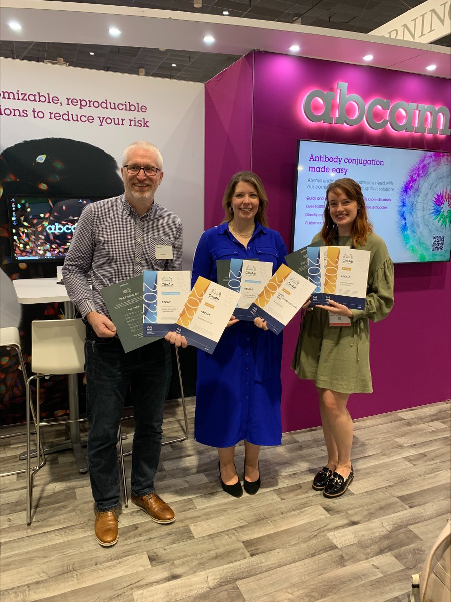 abcam's tweet photo. Happy faces at #AACR22 today! Thank you @CiteAb for presenting us with our certificates from this yearβs #CiteAbAwards. ICYMI π https://t.co/9J8UxwL9lB #recombinant #KOValidation #reproducibility https://t.co/pqJM0tirht
