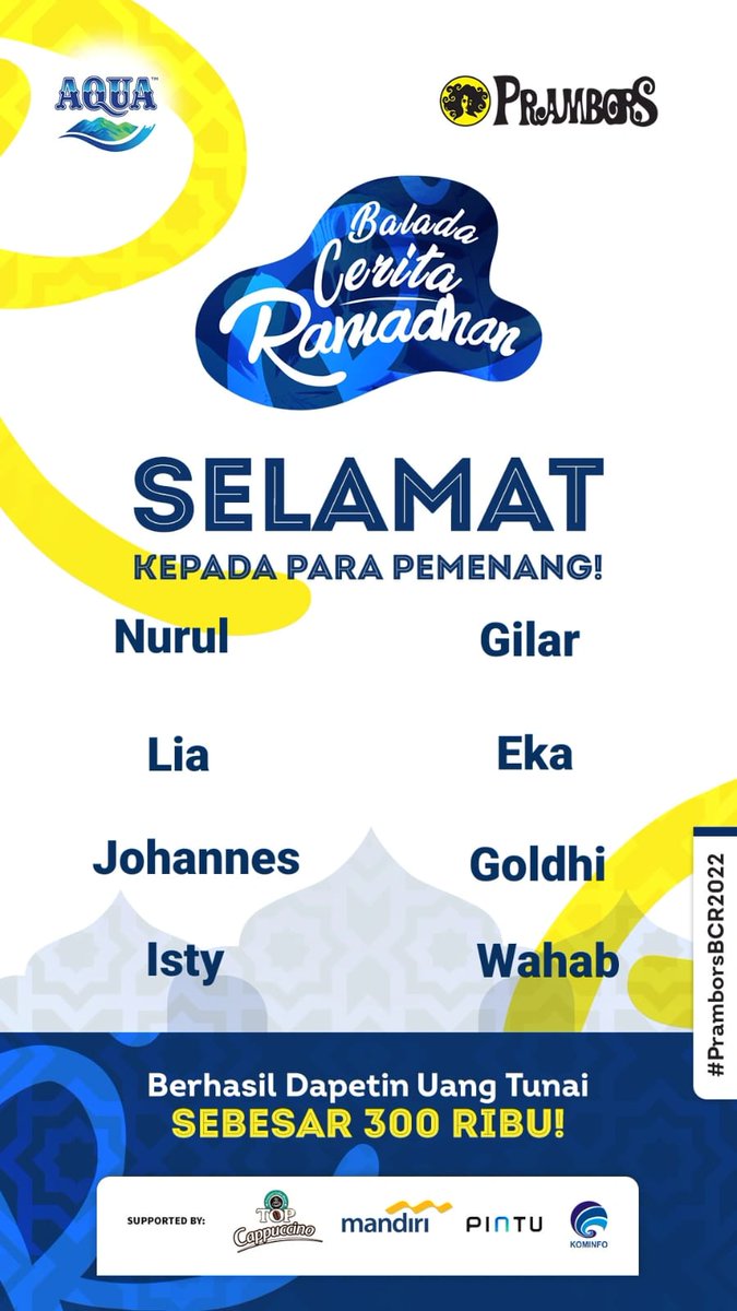 Prambors's tweet photo. Selamat buat Kawula Muda yang beruntung 🥳 
@Elandmi @Lia_ElfSone @Johannes_Nata @IstyJanwar @cutesalamander_ @ekapuspitaward1 @goldhi_ @cn_wahab 
Kirimin data diri lo berupa: NAMA-ALAMAT-NO.HP-EMAIL-NO.REKENING
Belum menang? Coba lagi besok yaaa~✨🙌🏻

#PramborsBCR2022 https://t.co/4vt85mqL1M