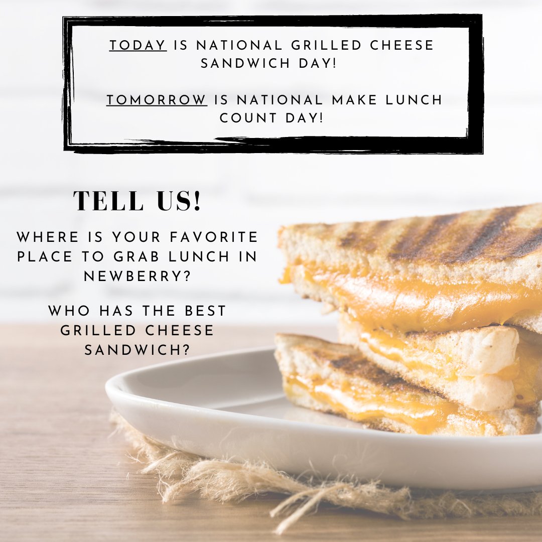 CityofNewberry's tweet photo. Today is National Grilled Cheese Sandwich Day! Tomorrow is National Make Lunch Count Day!
You tell us! Where is your favorite place to grab lunch in Newberry? Who has the best grilled cheese sandwich? #GrilledCheeseSandwichDay #MakeLunchCount https://t.co/ATNvlOyGDH