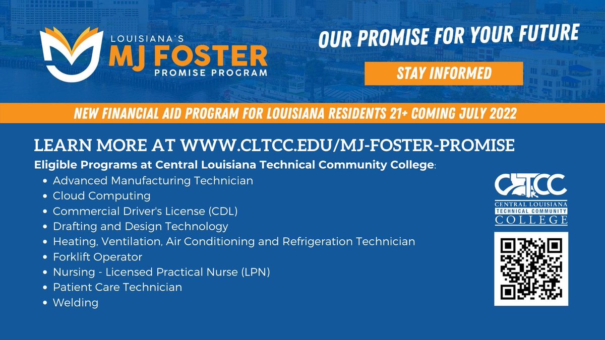 APPLY NOW! The #MJFosterPromise Program is a new annual state fund that provides financial support for adults 21+ to earn credentials aligned to high-demand jobs. Funds available on FIRST COME, FIRST SERVE basis. 
For info:
cltcc.edu/mj-foster-prom… #goCLTCC😸 #BobcatProud🐾