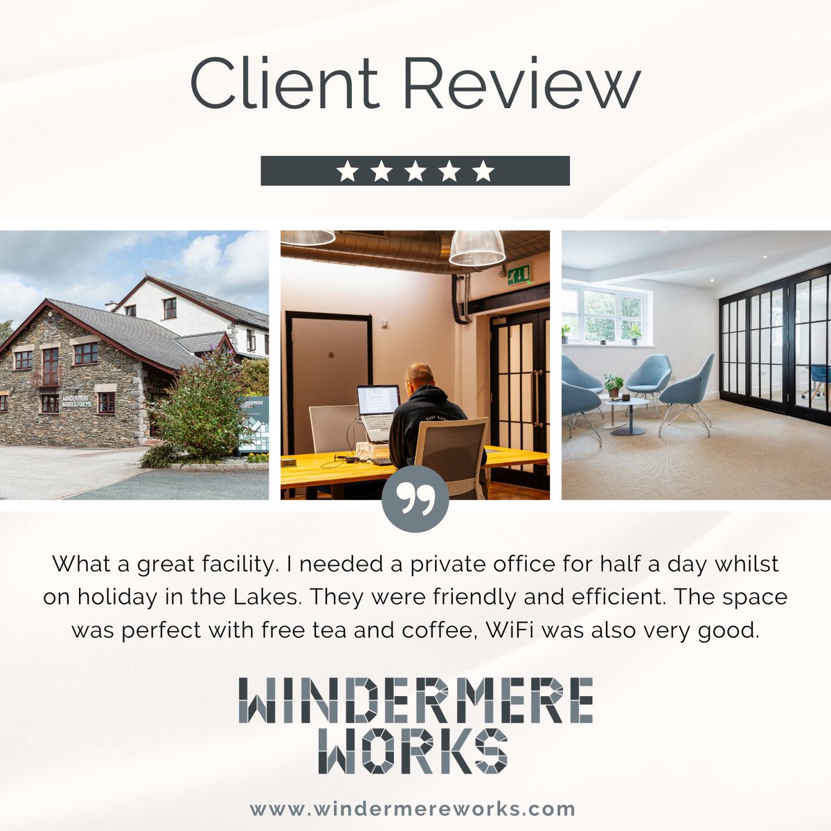 ⭐⭐⭐⭐⭐ Review from a client who was on holiday in the Lakes and needed a private office for half a day!

For all hot desk or meeting room enquiries, please contact BILL SMITH in the first instance.

Call: Bill Smith on📞 07766 208082

Email: 📧enquiries@windermereworks.com