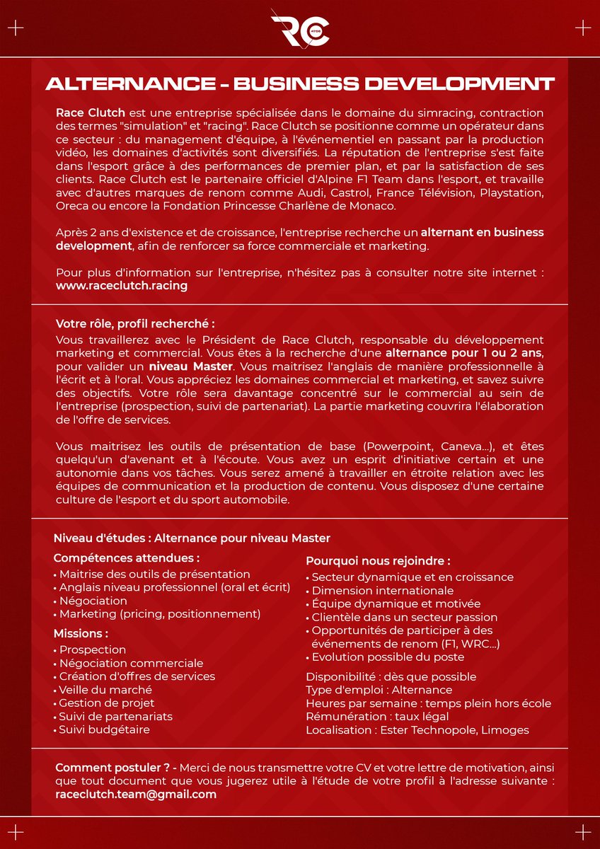 raceclutch's tweet photo. 📣 Recrutement - #RaceClutch recrute 2 nouveaux profils : à pourvoir dès Mai 2022 !

📢 Responsable communication - CDI
👨‍💼 Business Development - en Alternance

📌 #Limoges 
📧 raceclutch.team@gmail.com

Détails et infos en image 👇 #RC https://t.co/KFWab4XPeF