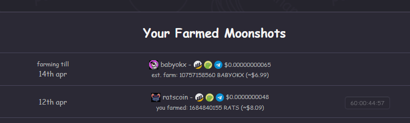 MoonshotsFarm's tweet photo. Our latest moonshot @ratscoinx1000 has now ended farming, so you can see how many your $CAKE farmed over past 2 days! 🧑‍🌾

Next moonshot selected by community to farm is 
@BABYOKX10000X's #BABYOKX token! 💸 #bsc

📑 https://t.co/sYQFp4EXQt 👈👈 FARM NOW https://t.co/n39es1RFH1
