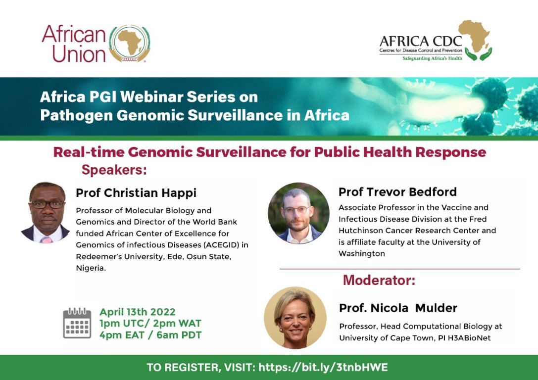 acegid_igh's tweet image. REMINDER:
The @AfricaPGI Webinar Series continues tomorrow, Wednesday, April 13th, 2022 from 2-3pm WAT

Join Profs Christian Happi @christian_happi &amp;amp; Trevor Bedford @trvrb as they discuss: Real-time Genomic Surveillance for Public Health Response
Register: bit.ly/3tnbHWE