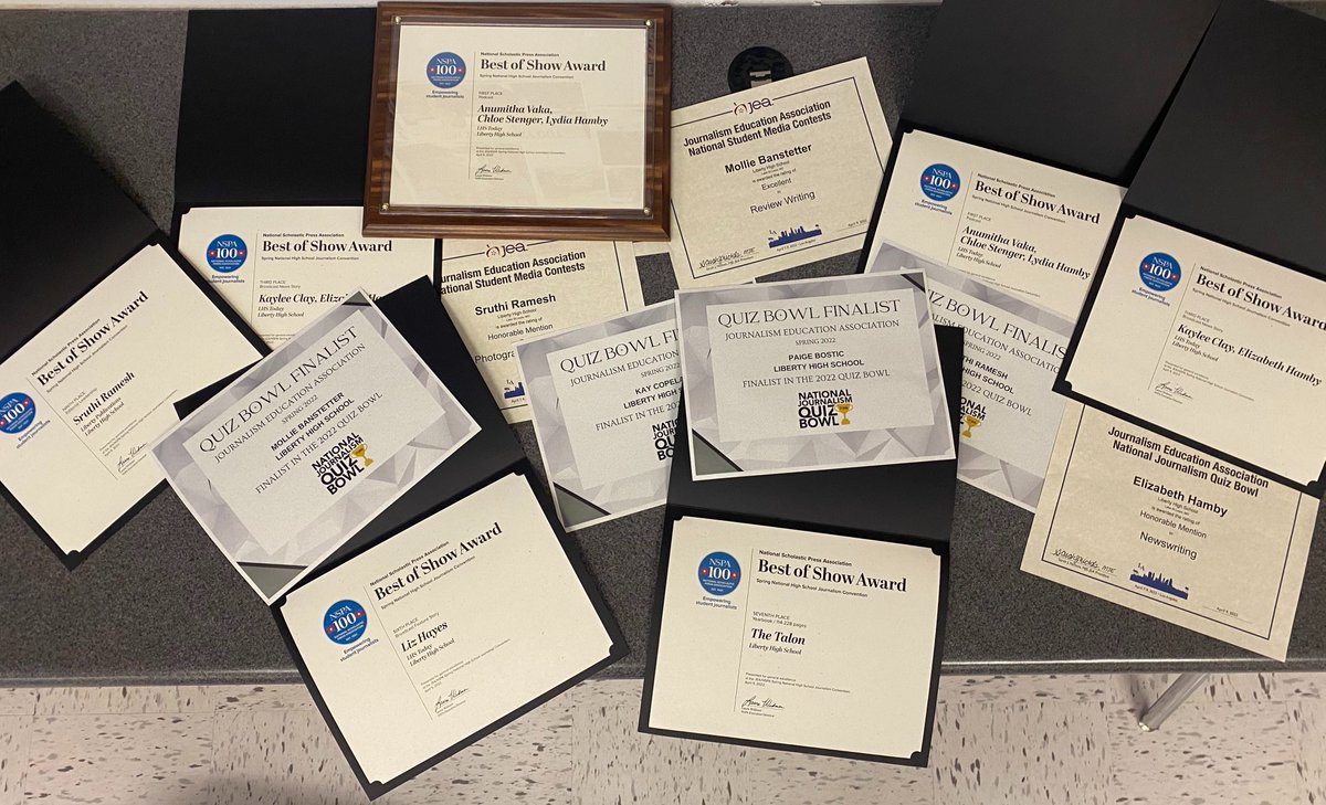 LHSJourn's tweet photo. Publications brought home multiple awards from the JEA/NSPA Conference in Los Angeles: first place podcasting, 7th place overall yearbook, quiz bowl finalists, and writing awards in sports, review, news, broadcast, photography and editorial leadership. #NHSJC @NSPA @nationalJEA https://t.co/iAJRQ3OQo9