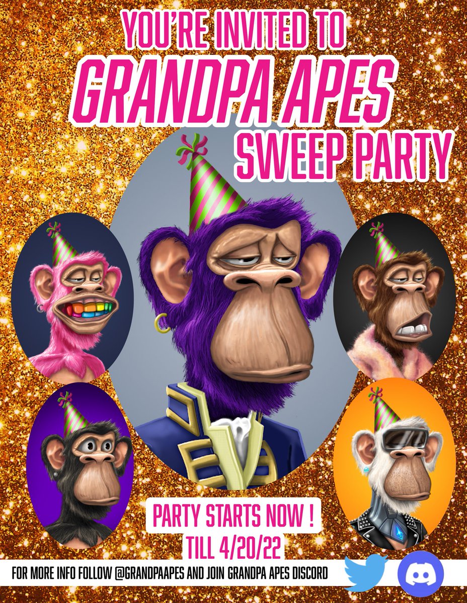IamJay3's tweet photo. Nap Time is Over 🎉
Come Party with us and bring a broom ! @GrandpaApes #GrandpaApes 
🦍🥃🌿🧹 
This is your chance to win an #NFT or .25ETH !  #NFTCommunity #NFTs #NFTGiveaway 
#BAYC #NFTCollection 
@ops840 @chichinpauta @vvsvon1 @HeyItsElleBee 
⬇️⬇️⬇️ https://t.co/ZSz1sSkV1r