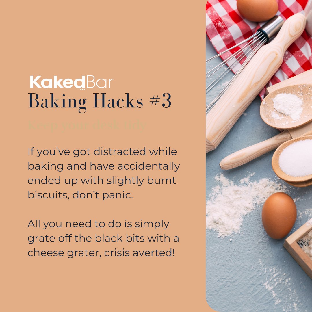 kakedbar's tweet photo. Kakedbar's Baking Hacks #3

If you’ve got distracted while baking and have accidentally ended up with slightly burnt biscuits, don’t panic. 

All you need to do is simply grate off the black bits with a cheese grater, crisis averted! https://t.co/fIgzfq1e0u