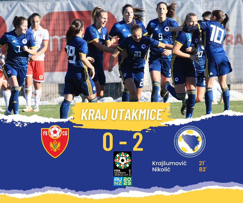 NFSBiH's tweet photo. 💙💛 POBJEDA! Bravo Zmajice!

⚽ Golovima Sofije Krajšumović i Milene Nikolić Bosna i Hercegovina je pobijedila Crnu Goru i došla na korak od plasmana u baraž za Svjetsko prvenstvo 2023!

 #nfsbih #ffbh #bosna #hercegovina #worldcup2023 #womensfootball #zmajice https://t.co/i6ChJ7NKWt