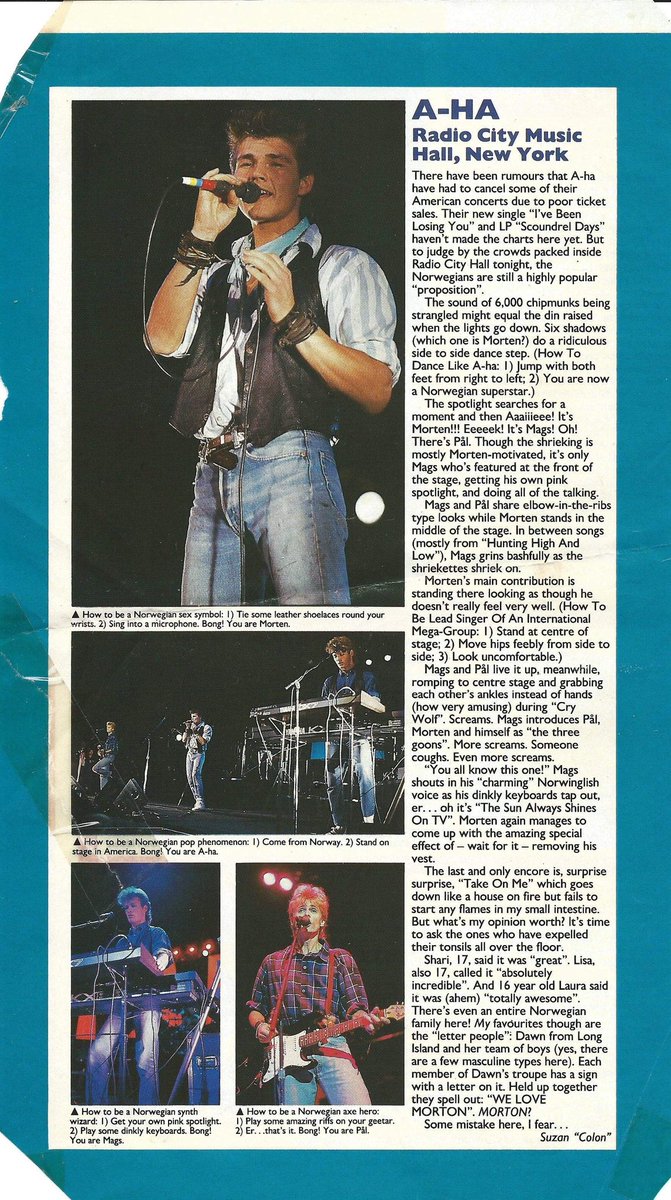 oddsandendsaha's tweet image. Tonight @aha_com play at Radio City Music Hall in New York. Here's a review from a much earlier show there. Either 10th or 11th October 1986. #huntinghighandlow