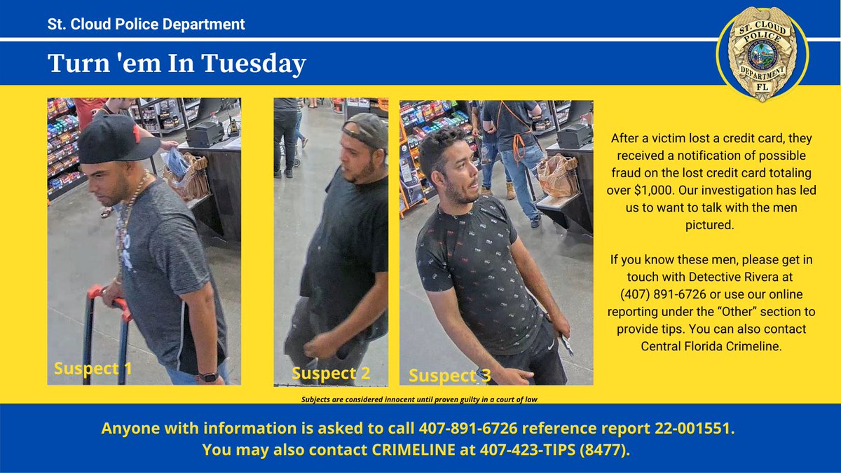 StCloudPD's tweet photo. Do you recognize any of these men? We are looking to chat with them about a credit card fraud investigation.
@CrimelineFL
#turnemintuesday #tips #CrimeLine #SCPD https://t.co/d1TdPvvFhF