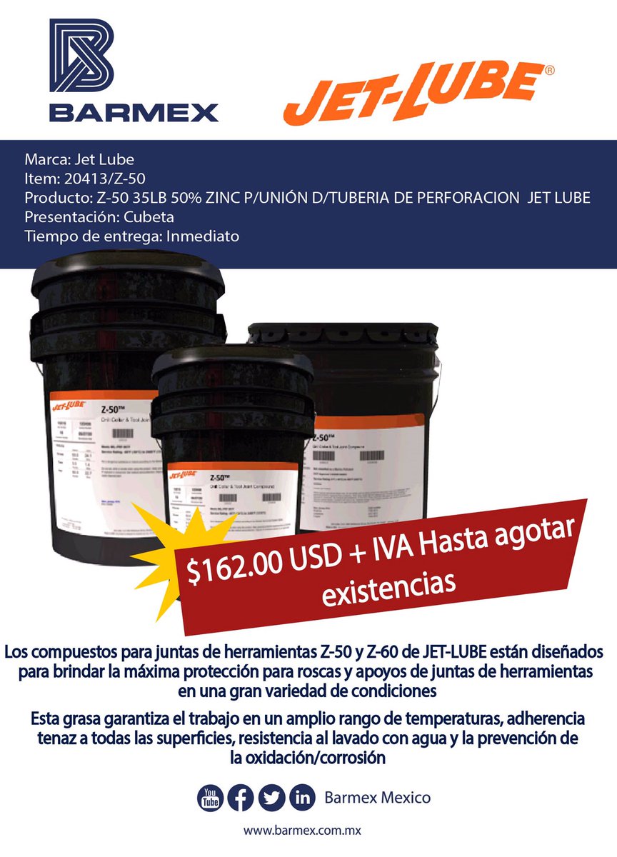 BarmexMexico's tweet photo. 📢 Aprovecha esta gran promoción que tenemos en #barmexmexico #lubricantes #jetlube hasta agotar existencias.
Más información https://t.co/3FB5VAUzEg https://t.co/AGLNp62aa8