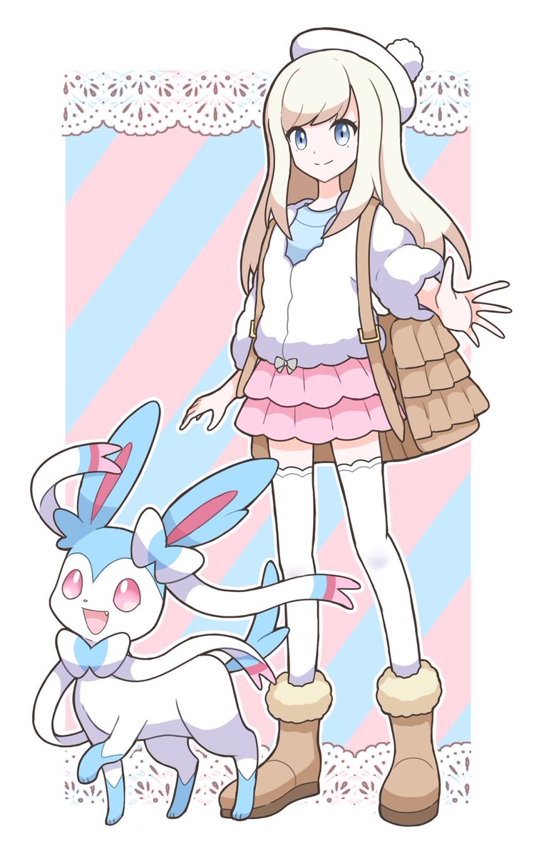 sylveon 1girl pokemon (creature) skirt smile thighhighs hat bag  illustration images