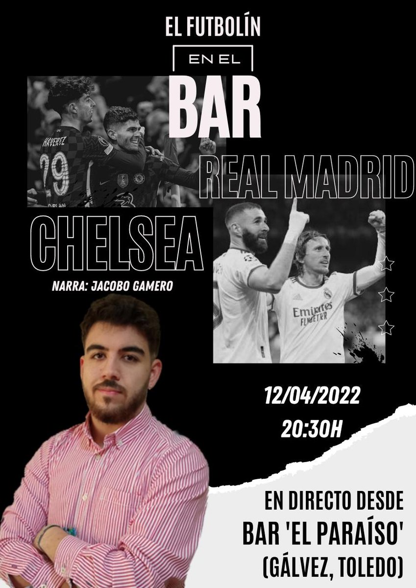 _ElFutbolin's tweet photo. Martes de Champions🤩

👀Esta tarde, desde las 20:30h, volveremos a estar en directo narrando el #RealMadridChelsea  desde 'Bar El Paraíso' (Gálvez, Toledo) 

😉Nos vemos 'En el Bar' y en Twitch 

https://t.co/AJUHf3tQrP https://t.co/sRMTwXcwxs