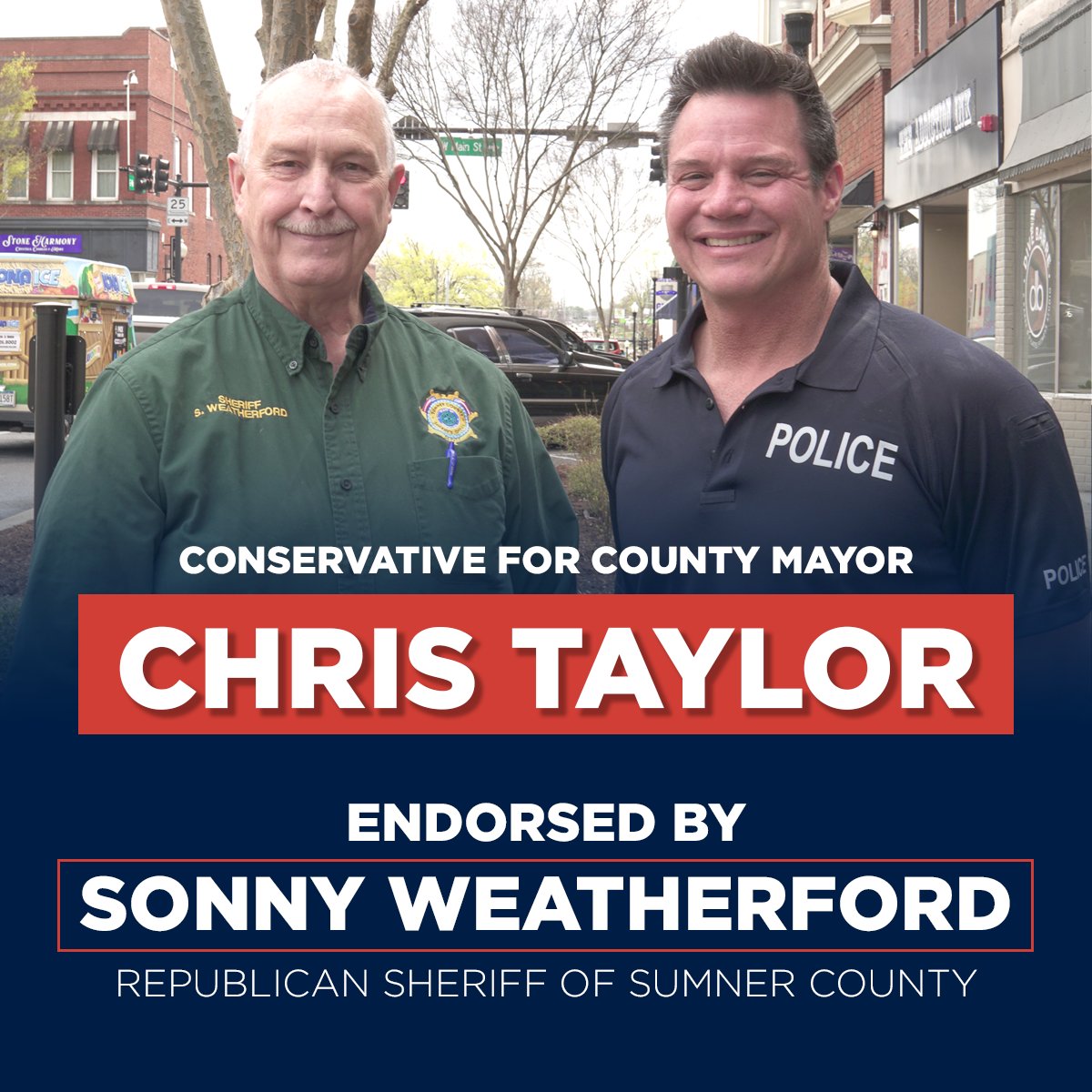 TaylorForSumner's tweet image. 🚨 BREAKING NEWS 🚨

Chris Taylor, Conservative for County Mayor - ENDORSED and supported by our Republican Sheriff, Sonny Weatherford. 

We are so proud to have Sheriff Weatherford on our team!