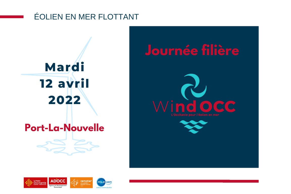ADOCC_'s tweet photo. Aujourd'hui à #PortLaNouvelle, la journée filière #éolien en mer flottant rassemble plus de 200 personnes. Avancement des projets, calendriers d’appels à projets nationaux… Journée organisée avec la Région @Occitanie, #WindOcc, @Cemater_asso &amp; @PoleMerMed https://t.co/OgxFKMYAj9 https://t.co/NMARdxxryL