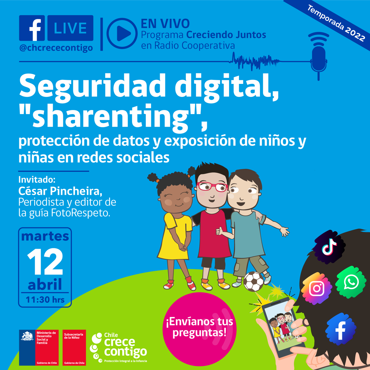 ChileCreceMas's tweet photo. ¿Compartes fotos o videos de tus hijos(as) en redes sociales?¿Qué ajustes de privacidad utilizas🔐? 
📍HOY #CreciendoJuntos en @Cooperativa y en https://t.co/I5pya0L3Oi a las 11:30 , conversaremos sobre seguridad, protección y exposición de niños y niñas en redes sociales. https://t.co/8mtv43pNZ0