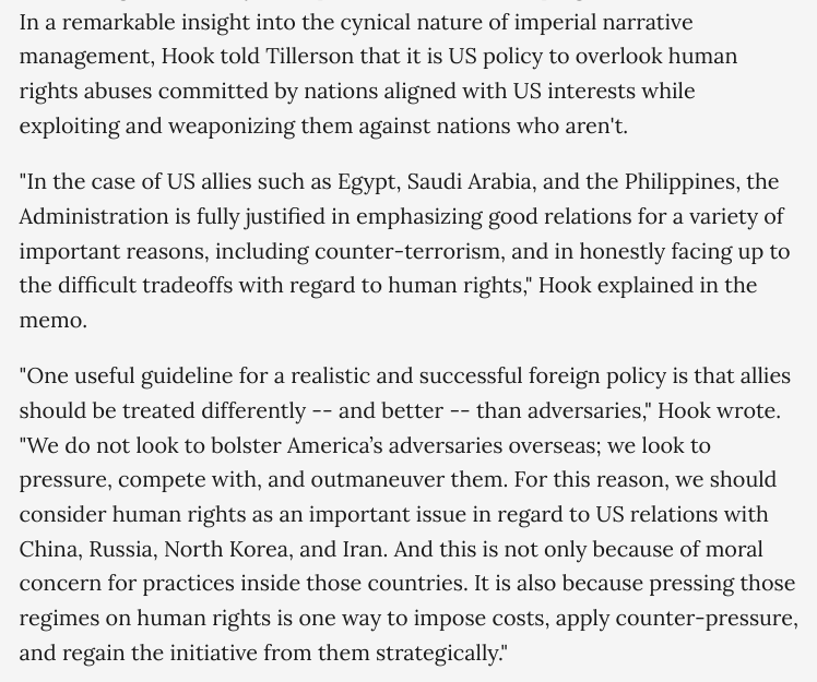 caitoz's tweet photo. A leaked 2017 State Department memo showed neocon empire manager Brian Hook teaching a previously uninitiated Secretary of State Rex Tillerson that for the US government, "human rights" are only a weapon to be used for keeping other nations in line.
https://t.co/0eoX4EigT2 https://t.co/oP6hp4iLE7