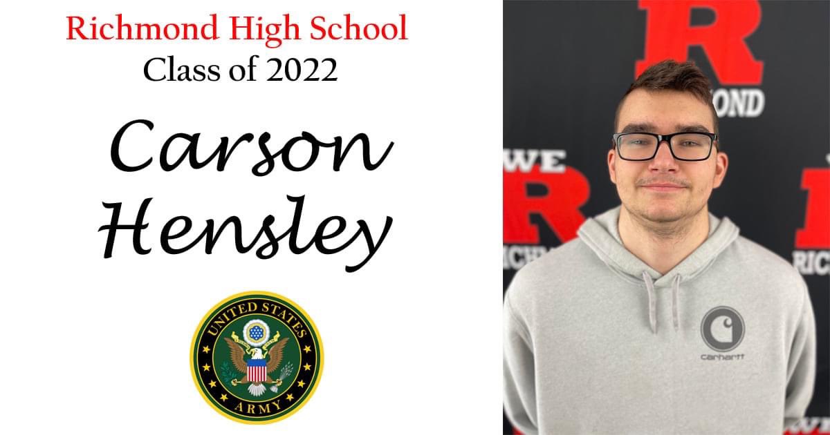 wearrrichmond's tweet photo. Richmond High School senior Carson Hensley will be enlisted in the  @USArmy after graduation. He has already completed his Military Entrance Processing. His favorite class at RHS: Automotive Technology. His parents: Amanda Jordan and Jeff Hensley.  #Congratulations @LearnatRHS https://t.co/EjqRj1msJ4