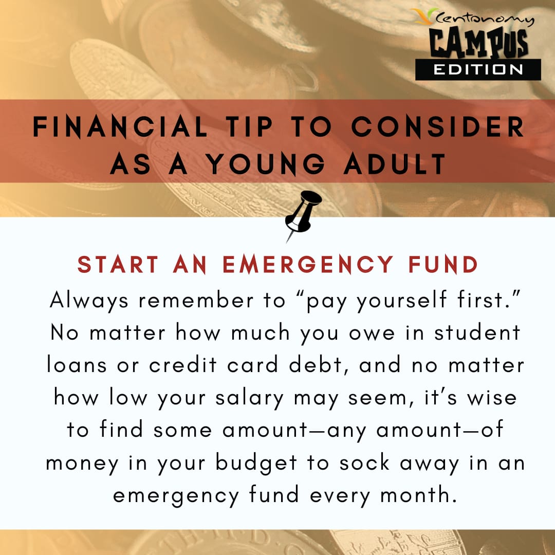 Centonomy's tweet photo. Always “pay yourself first.” No matter how much you owe in student loans or debt, it is always wise to find some amount of money in your budget to put aside in an emergency fund.

#CentonomyCampusEdition #moneymanagement #financialfreedom #financialtips #youthandmoney https://t.co/6IVHPIVyxw