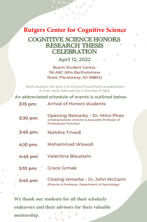 Come join us and celebrate our Cognitive Science Honor Students by listening to their research work and enjoying food afterwards. Today, Tuesday, April 12 at 3:30PM at Bush Student Center.

Register Below:

IN-PERSON: lnkd.in/dcJW74-q

VIRTUAL: lnkd.in/dJFQQjtD