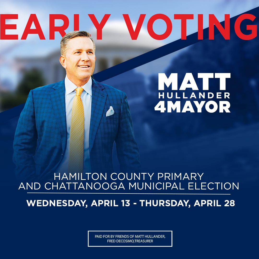 Join us in #makingitbetter by voting early from April 13 to April 28. 
Here is a list of voting locations near you and when and where Matt will be: 

Election Commission 
700 River Terminal Rd.
.
Brainerd Rec Center
1010 N. Moore Rd.
.
Collegedale City Hall
4910 Swinyar Drive...