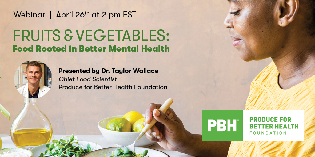 DrTaylorWallace's tweet photo. Join me this April 26th at 2 pm EST. I will be speaking about #Food habits and how this affects in a better mental health life with the Produce for Better Health Foundation (PBH). 🥑🥕

Link to register ⬇
https://t.co/h5T7yo8816

#fruits #vegetables #mentalhealth @Fruits_Veggies https://t.co/KU7px5PUTH