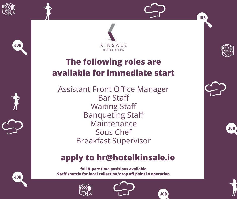 HotelKinsale's tweet photo. Now hiring! 

Would you like to join the Kinsale Hotel &amp; Spa family? 

We have some amazing opportunities available. Take a look at our openings and pop a copy of your cv over to Oonagh on hr@hotelkinsale.ie

#employment #jobs #job #jobsearch #hiring #recruitment #career #work https://t.co/33thk6EESj