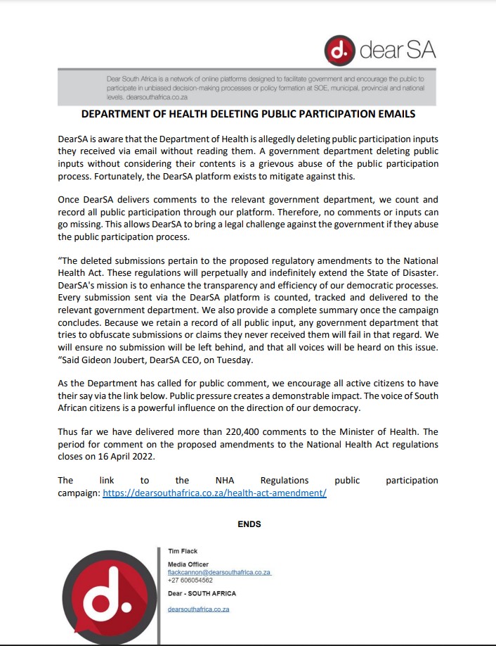 DearSA_national's tweet photo. ❗️Media Statement❗️

DEPARTMENT OF HEALTH DELETING PUBLIC PARTICIPATION EMAILS
 
DearSA is aware that the Department of Health is allegedly deleting public participation inputs they received via email without reading them. https://t.co/hlnuPmsX2b