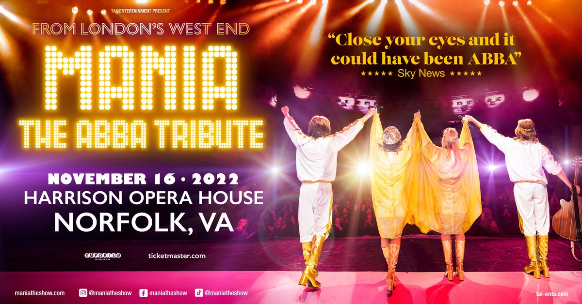 JUST ANNOUNCED! MANIA - The ABBA Tribute (@maniatheshow) brings their live show to Harrison Opera House on November 16. Tickets on sale Friday!