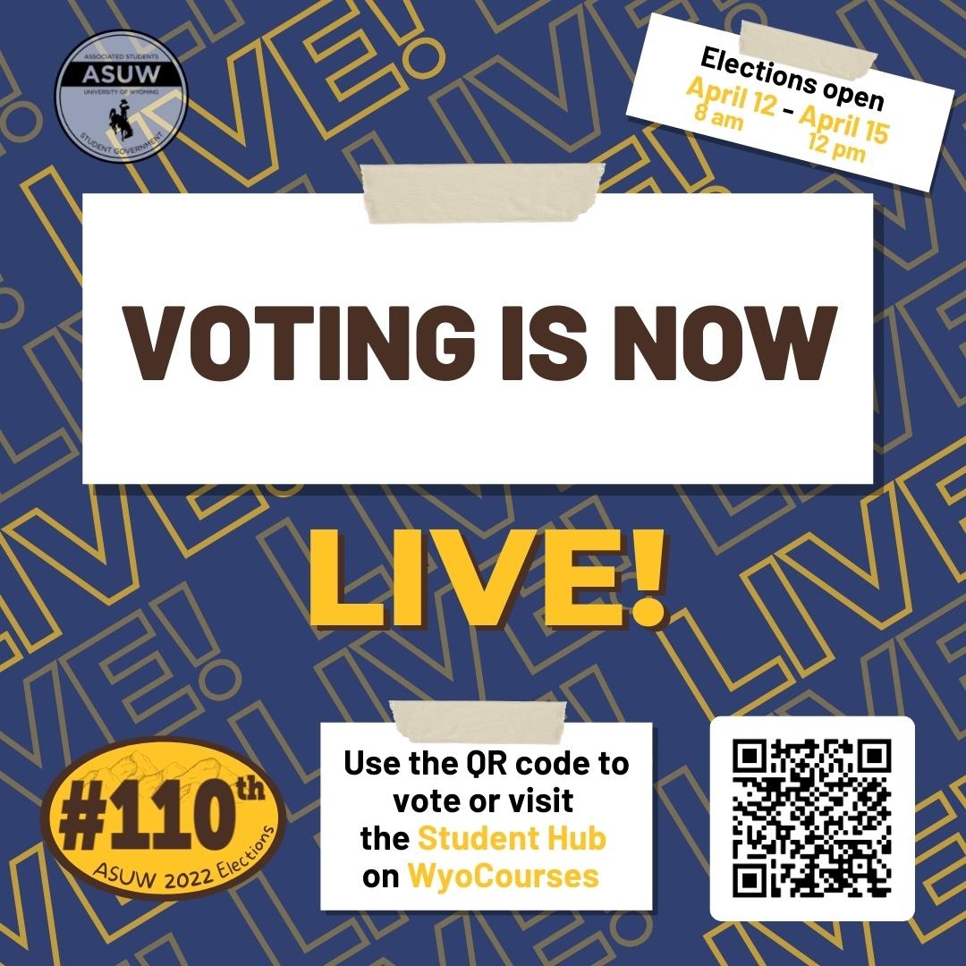 GO VOTE NOW IN ASUW ELECTIONS! Voting is taking place on your WyoCourses page under the Student Hub! Voting will take place from now until Friday, April 15 at 12 pm!

If you cannot see the Student Hub from your Dashboard, go and favorite the course in the list of all courses!