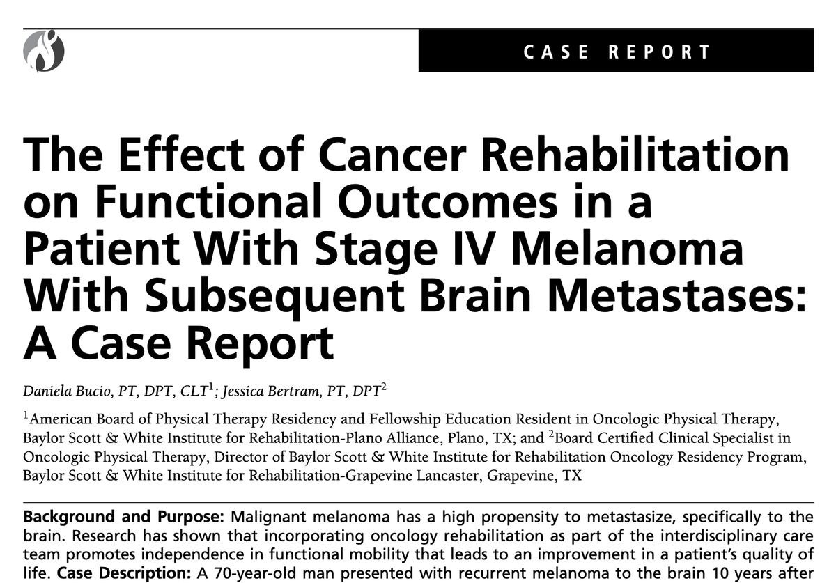 📗 CASE REPORT 📗

The Effect of Cancer Rehabilitation on Functional Outcomes in a Patient With Stage IV Melanoma With Subsequent Brain Metastases: A Case Report

ow.ly/8BBH50IyQGS