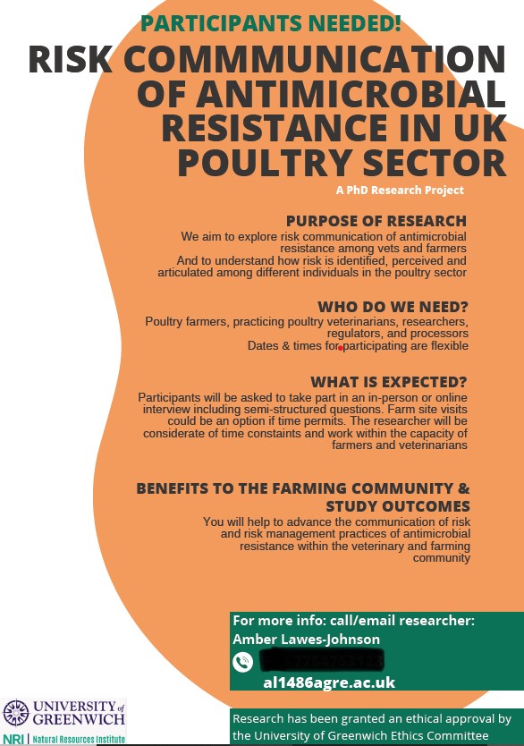 📢ANNOUNCEMENT! PARTICIPANTS NEEDED for a 4-month #PhD research project about risk #communication of #AntimicrobialResistance #AMR in the UK #poultry sector. Calling all farmers, vets, and researchers acting on AMR-related issues. Please do share and get in touch if interested🐔
