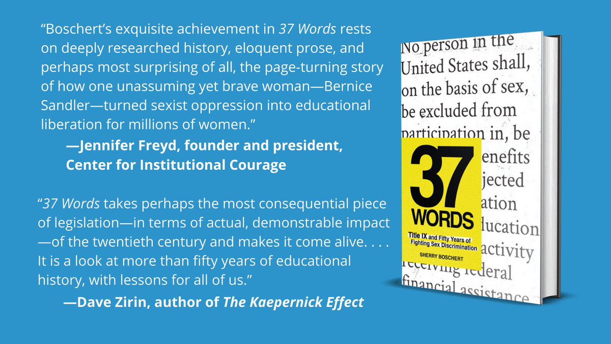 thenewpress's tweet photo. Happy pub day to 37 WORDS, @SherryBoschert's sweeping history of the federal legislation that prohibits sex discrimination in education, popularly known as #TitleIX https://t.co/Gal8cLBx4a #TitleIXat50 #IXat50 https://t.co/5otCToGF3w