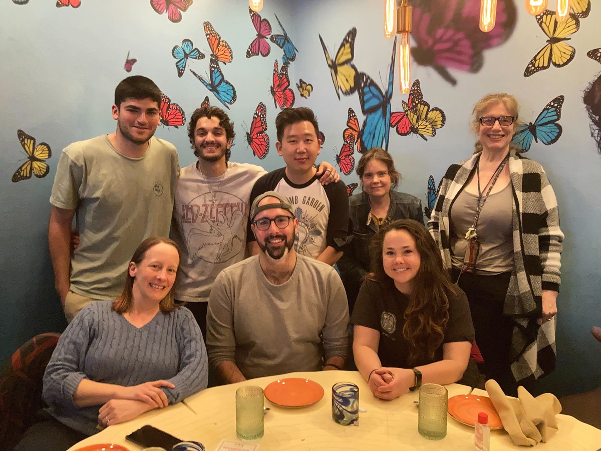 ButterflyLabGU's tweet photo. Last night the Ries Lab crew got together to celebrate Cliff and Arshan getting into medical school (note the appropriately themed restaurant). We're so proud of these guys! https://t.co/9hUtzDupJm