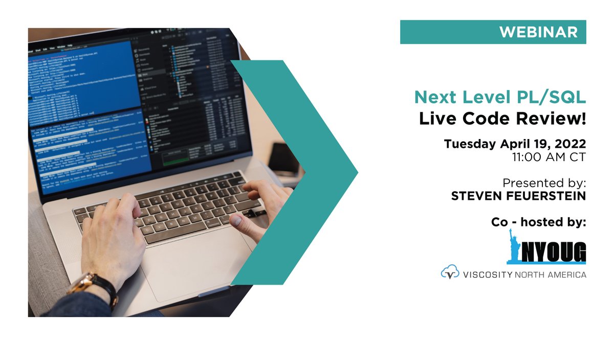 ViscosityNA's tweet image. You are invited to the "Next Level PL/SQL – Live Code Review" Webinar, presented by @sfonplsql and co-hosted by @nyoug_nyc and @ViscosityNA!   

April 19 | 11:00 am CT 

Register: ow.ly/an0B50IH2y8 

#PLSQLprogramming #oracle #NYOUG #vna22