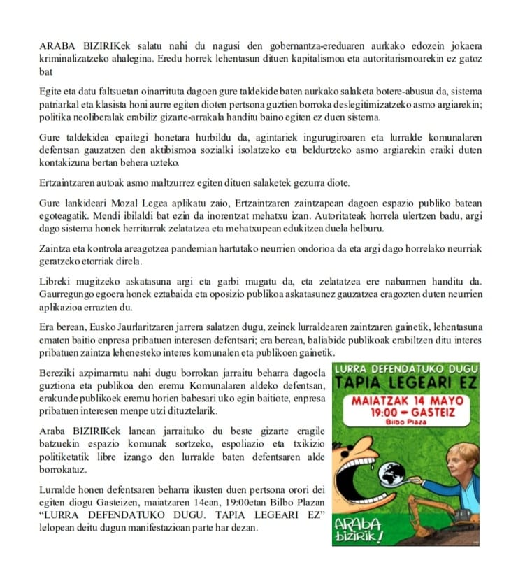 ArabaBizirik's tweet photo. Gaur prentsaurrekoa egin dugu Gasteizko epaitegien aurrean, gure kide bati Mozal Legea aplikatu diotela salatzeko. Ez gaituzte kikilduko! Lurra defendatuko dugu! Tapia Legeari EZ.
Maiatzak 14 MANIFESTAZIOA Gasteizen. https://t.co/jGKk3FeVde