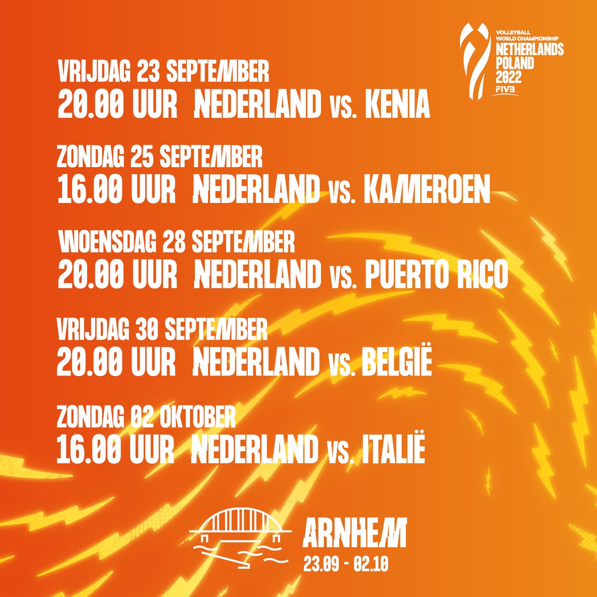 Volleybaldames's tweet photo. Important information! ⚡️ Het programma van de poulefase van het WK is bekend! 🤩 Noteer de wedstrijden maar alvast in je agenda, want de ticketverkoop start later deze maand! 😏

Lees meer via https://t.co/1WRTFe6TZA! 📰 

#LetsGoOrange #TeamNL #Electrifying2022 #WKVolleybal2022 https://t.co/OTW2mGXdlO