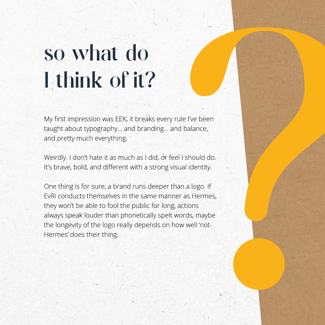 wearesoshell's tweet photo. We spoke to our Graphic Designer, Steve, to get his opinion on the Hermes rebrand and what he thinks they're trying to achieve by the move 🤔

Head to our Insta to read more...

What do you think about the Hermes rebrand?

#hermes #evri #marketing #rebrand #graphicdesigner https://t.co/maW3ww2Mwv