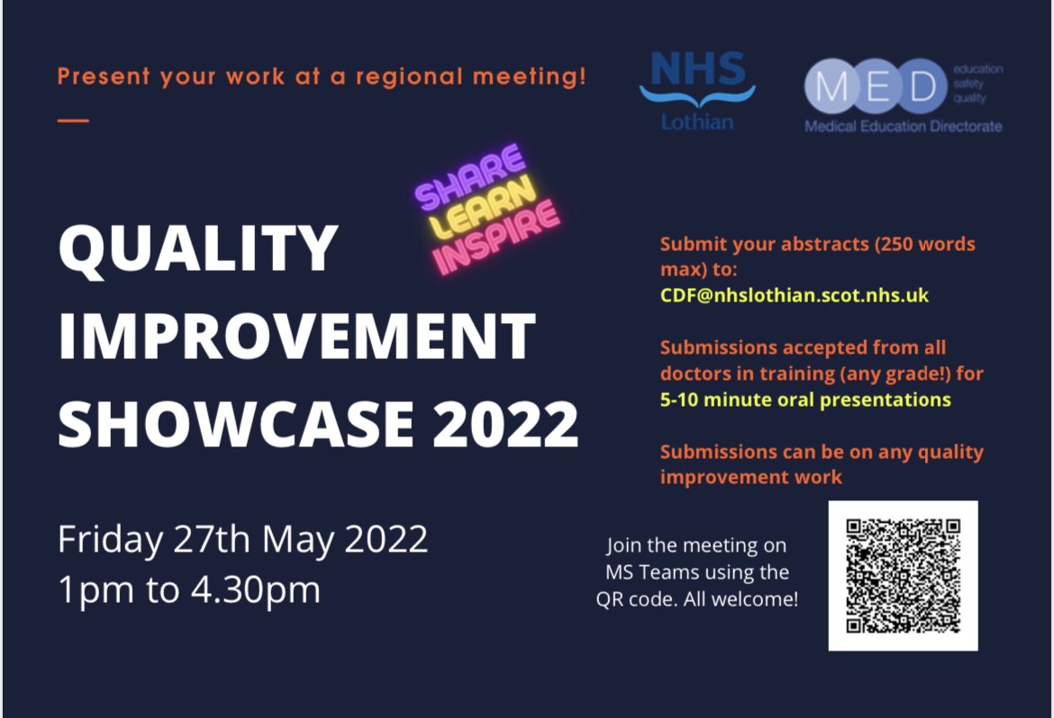 Simongasman's tweet photo. 📣 @NHS_Lothian Drs in training; opportunity to showcase your Quality improvement skills 📈 Register for the annual QI showcase event sponsored by @NHSLothianMedEd Details 👇 https://t.co/wEhIPYbKuJ
