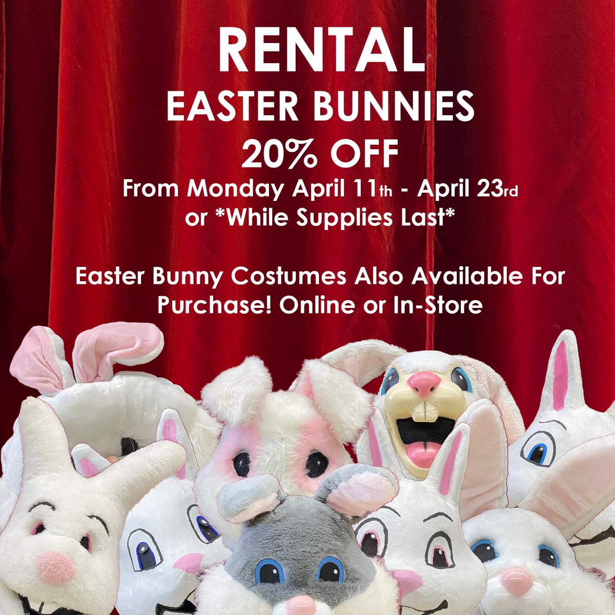 Hey #yyc were doing a limited time offer on our Easter Bunny rentals! Get 20% off until April 23! Hurry in while supplies last! #yycfamily #calgary #yycdeals #thecostumeshoppe