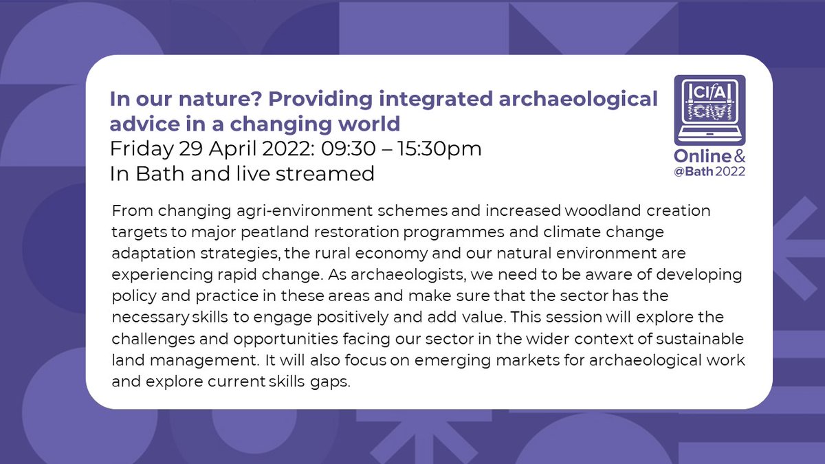 As archaeologists, we need to be aware of developing policy & practice relating to the rural economy and the natural environment. Join the IN OUR NATURE? session at #CIfA2022 to explore the challenges and opportunities facing our sector. Register here: bit.ly/3xdgRGR